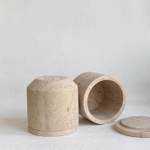 StonePlus Natural Marble Hole Stone Cosmetic Cotton Swab Sundry Small Tank Storage Box Jar with Lid (Yellow Travertine) - Image 3