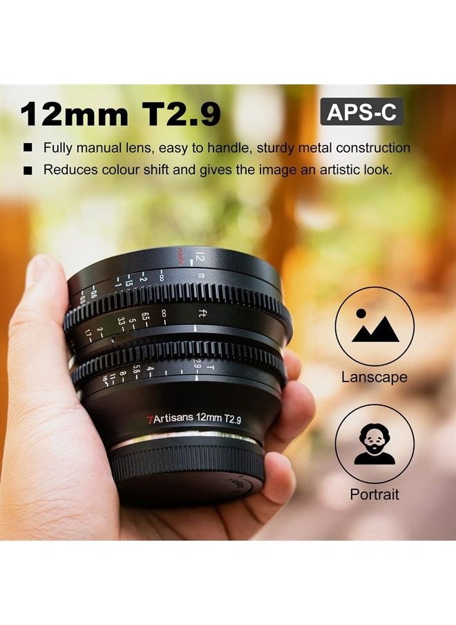 7artisans - 7 Artisans 12mm T2.9 Large Aperture APS-C Ultra Wide Angle Cine Lens, Manual Fixed Focus Low Distortion Cinema Lens Compatible for Fujifilm X-Mount, Black - Image 1