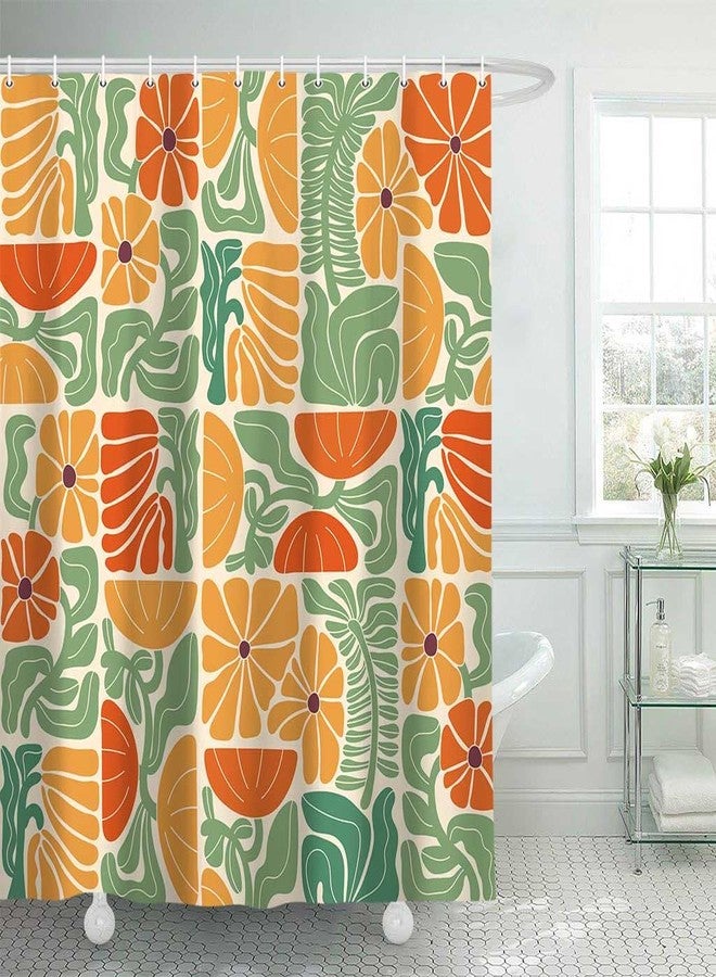 DeeCabin Boho Abstract Colorful Floral Shower Curtain, Vintage Retro Patchwork Orange Green Flower Botanical Geometric Aesthetic Groovy Bathroom Decor Shower Curtain Set with 12 Hooks, 70X70IN - Image 1