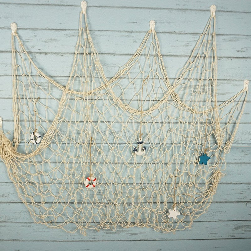 Bilipala Rustic Nautical Decorative Fishing Net Wall Hangings Decor with Stars Lifebuoy and Anchor Ornaments Creamy White