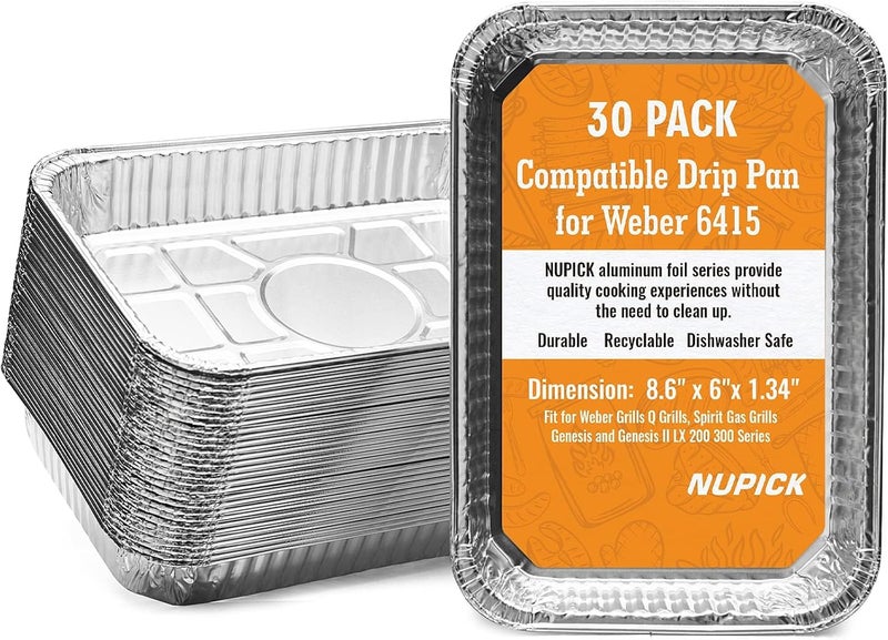 NUPICK 30 Pack 6415 Drip Pans Compatible for Weber Spirit Series, Genesis Series, Q Series Grills, Disposable Aluminum Foil Grease Trays, 8.5" x 6" Air & land transit compatible - Image 1