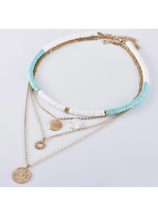 BLUE DROP Summer White Heishi Surfer Choker Layered Necklace for Women Girls Flower Gold Helios Coin Pendant Pretty Stylish Floral Jewelry Gifts, One Size, Gemstone, No Gemstone - Image 3
