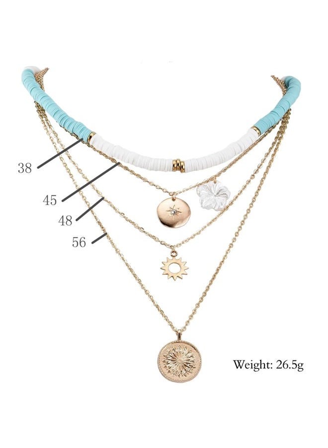 BLUE DROP Summer White Heishi Surfer Choker Layered Necklace for Women Girls Flower Gold Helios Coin Pendant Pretty Stylish Floral Jewelry Gifts, One Size, Gemstone, No Gemstone - Image 2
