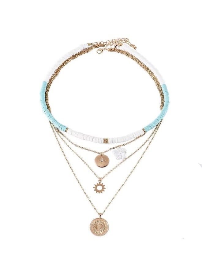 BLUE DROP Summer White Heishi Surfer Choker Layered Necklace for Women Girls Flower Gold Helios Coin Pendant Pretty Stylish Floral Jewelry Gifts, One Size, Gemstone, No Gemstone - Image 1