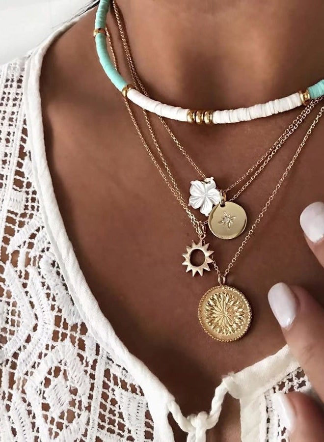BLUE DROP Summer White Heishi Surfer Choker Layered Necklace for Women Girls Flower Gold Helios Coin Pendant Pretty Stylish Floral Jewelry Gifts, One Size, Gemstone, No Gemstone - Image 4