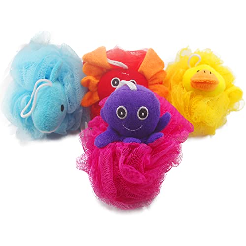 Mr.Cui'shop Loofah Exfoliating Shower Stuffed Sponge Pouf Mesh Brush with Animal Design - Bath Spa Puff Scrubber Ball - Body Poof for Man and Woman - Rich Foams Bubble（4.7" Each） Pack of 4 - Image 1