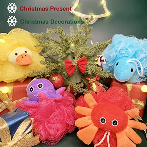 Mr.Cui'shop Loofah Exfoliating Shower Stuffed Sponge Pouf Mesh Brush with Animal Design - Bath Spa Puff Scrubber Ball - Body Poof for Man and Woman - Rich Foams Bubble（4.7" Each） Pack of 4 - Image 2