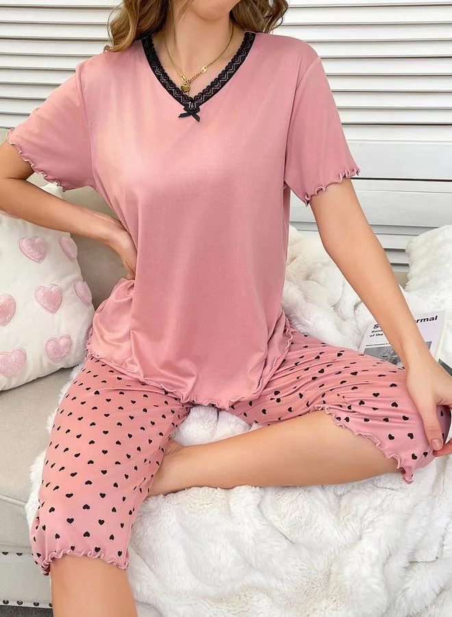 Take Two  Pink V Neck Top and Heart Print Shorts Set for Women | Best Price UAE