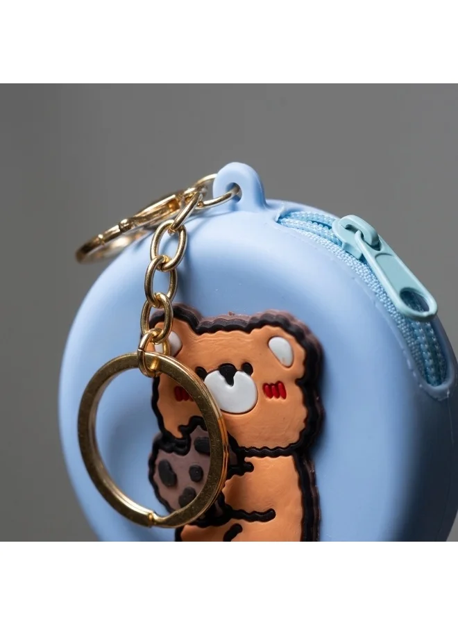 Mobcos Blue Teddy MOBCOS Mini Pouch Keychain – Cute Round Zipper Coin Purse & Multipurpose Mini Storage Bag with Keyring for Coins, Cash, Keys and Small Essentials | Blue Teddy  | Best Price UAE