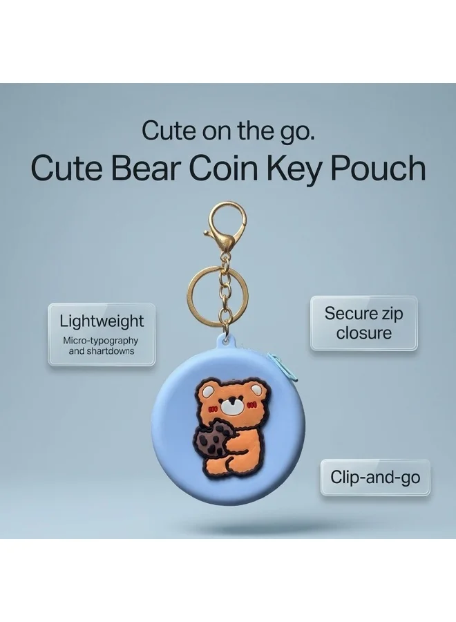 Mobcos Blue Teddy MOBCOS Mini Pouch Keychain – Cute Round Zipper Coin Purse & Multipurpose Mini Storage Bag with Keyring for Coins, Cash, Keys and Small Essentials | Blue Teddy  | Best Price UAE