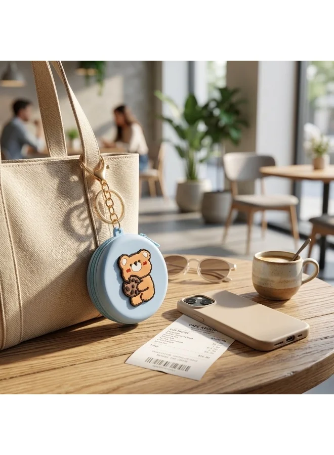 Mobcos Blue Teddy MOBCOS Mini Pouch Keychain – Cute Round Zipper Coin Purse & Multipurpose Mini Storage Bag with Keyring for Coins, Cash, Keys and Small Essentials | Blue Teddy  | Best Price UAE