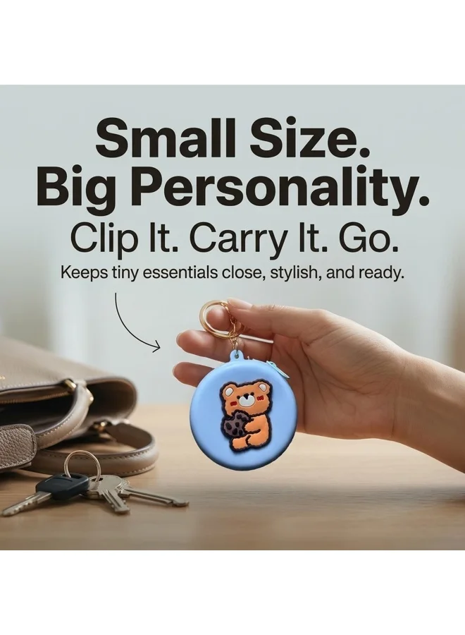 Mobcos Blue Teddy MOBCOS Mini Pouch Keychain – Cute Round Zipper Coin Purse & Multipurpose Mini Storage Bag with Keyring for Coins, Cash, Keys and Small Essentials | Blue Teddy  | Best Price UAE