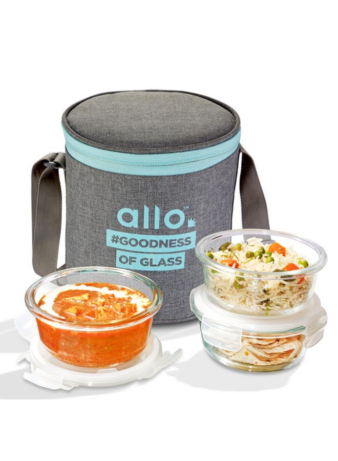 Allo Food Safe Borosilicate Glass Lunch Box, 450C Microwave Safe Lunch Box, Borosilicate Borosilicate Glass Tiffin for Office with Canvas Grey Tiffin Bag, Set of 3, 400ml x 3, Round - Image 1
