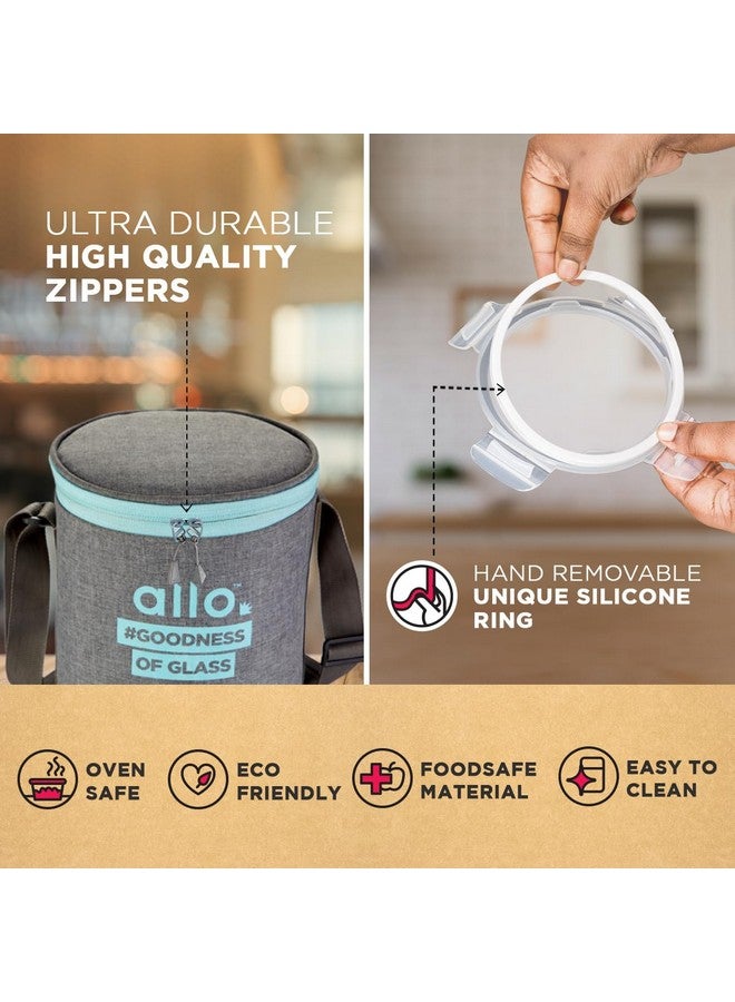 Allo Food Safe Borosilicate Glass Lunch Box, 450C Microwave Safe Lunch Box, Borosilicate Borosilicate Glass Tiffin for Office with Canvas Grey Tiffin Bag, Set of 3, 400ml x 3, Round - Image 5