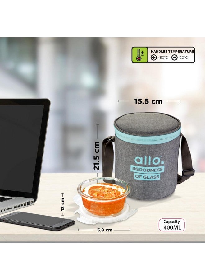 Allo Food Safe Borosilicate Glass Lunch Box, 450C Microwave Safe Lunch Box, Borosilicate Borosilicate Glass Tiffin for Office with Canvas Grey Tiffin Bag, Set of 3, 400ml x 3, Round - Image 4
