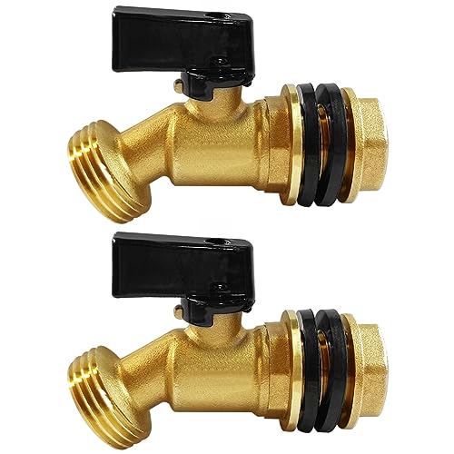 Uenede Brass Water Container Rain Barrel Faucets Spigot 3/4" G Male Thread Large Inlet to 3/4" GHT Male Thread Outlet with Quarter Turn Ball Valve Include Bulkhead Fitting and Washers 2PCS - Image 1