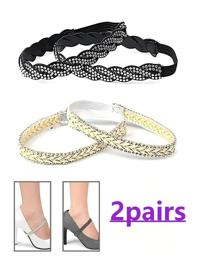 2 Pairs Rhinestone Elastic Shoe Ankle Straps, Detachable Shoe Strap Band Heel Straps High Heels Anti Slip Shoe Strings Ankle Shoelace Anti Slip Shoe Straps, for Women Loose High Heels Shoes (Gold+Black) - Image 1