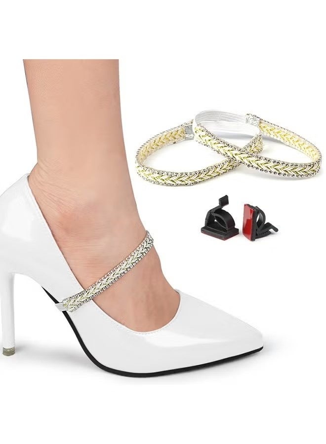 2 Pairs Rhinestone Elastic Shoe Ankle Straps, Detachable Shoe Strap Band Heel Straps High Heels Anti Slip Shoe Strings Ankle Shoelace Anti Slip Shoe Straps, for Women Loose High Heels Shoes (Gold+Black) - Image 4