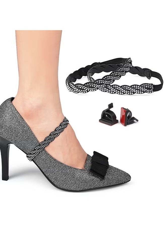 2 Pairs Rhinestone Elastic Shoe Ankle Straps, Detachable Shoe Strap Band Heel Straps High Heels Anti Slip Shoe Strings Ankle Shoelace Anti Slip Shoe Straps, for Women Loose High Heels Shoes (Gold+Black) - Image 5