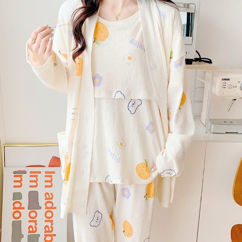 Moon clothing spring and autumn May 4 cotton gauze postpartum lactation three-piece set of thin pregnant women pajamas maternal breast-feeding 331 Pumpkin Clouds [Three Pieces]] 