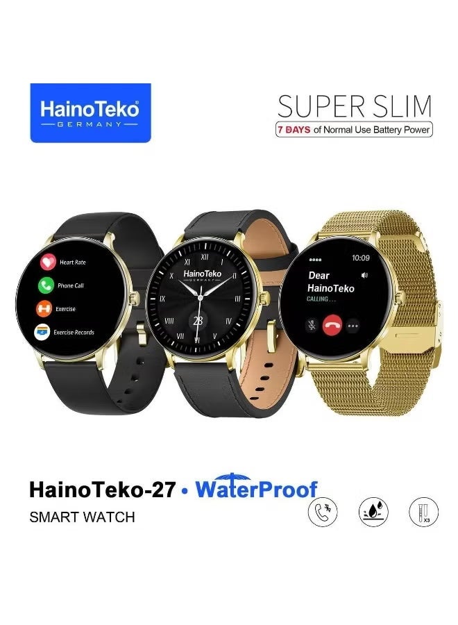 HainoTeko Super Slim Waterproof Smart Watch with Vibrant AMOLED Display – Bluetooth Calling, Heart Rate & Sleep Monitoring, Multi-Sport Modes, Long Battery Life, Customizable Watch Faces & 3 Interchangeable Straps – Unisex Gold Design - Image 2