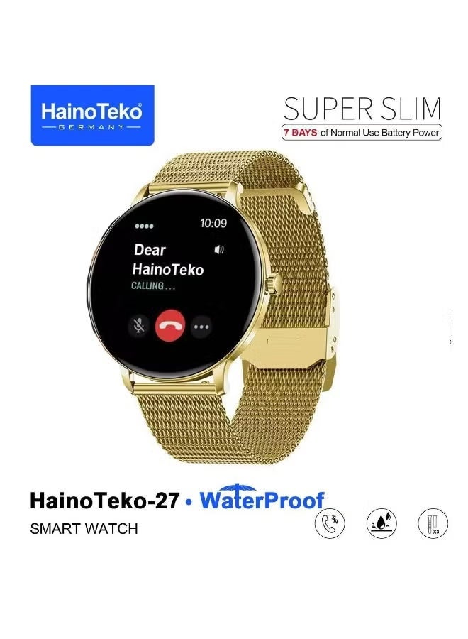 HainoTeko Super Slim Waterproof Smart Watch with Vibrant AMOLED Display – Bluetooth Calling, Heart Rate & Sleep Monitoring, Multi-Sport Modes, Long Battery Life, Customizable Watch Faces & 3 Interchangeable Straps – Unisex Gold Design - Image 1