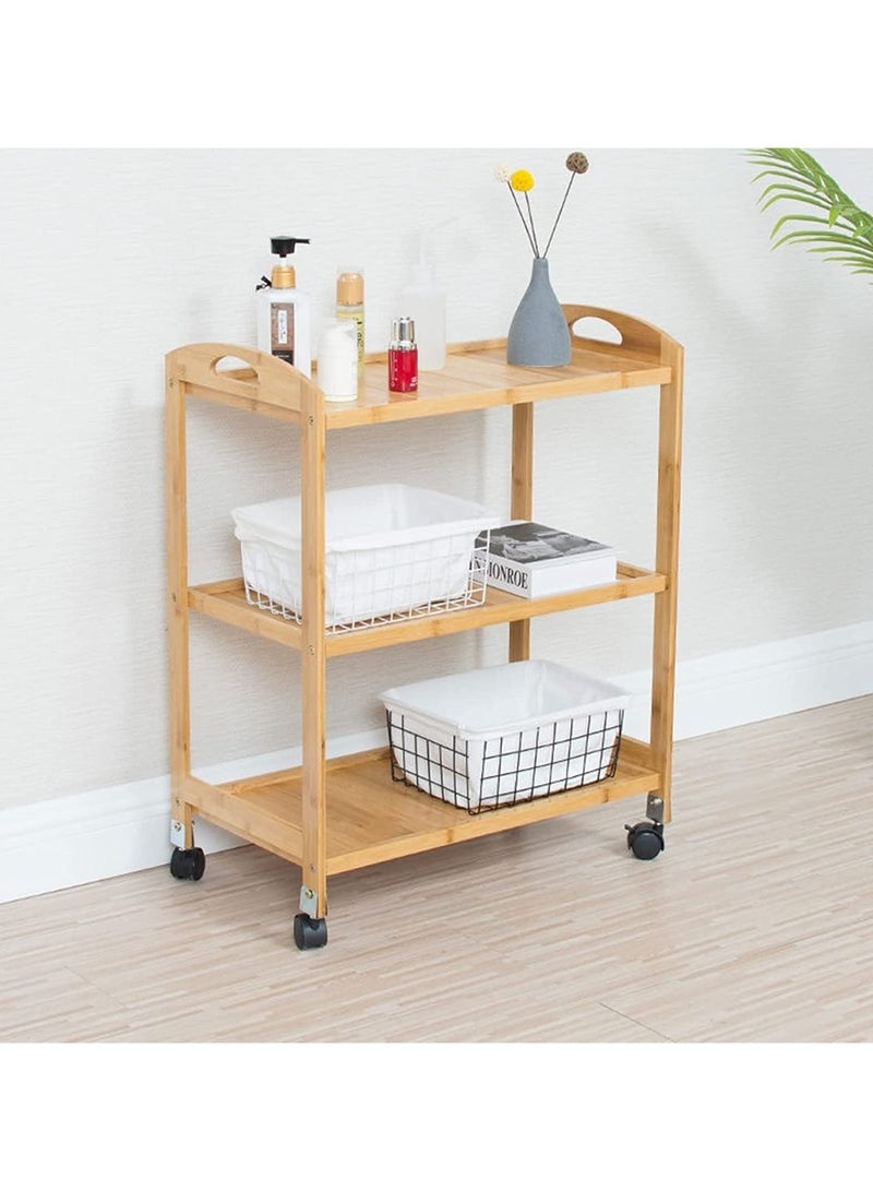 LINGWEI Food Serving Trolly Bamboo Cart with Movable Wheels Kitchen Island Cart with Handle Utility Cart Wooden Food Serving Trolly Kitchen Storage Organizer Rolling Cart - Image 5