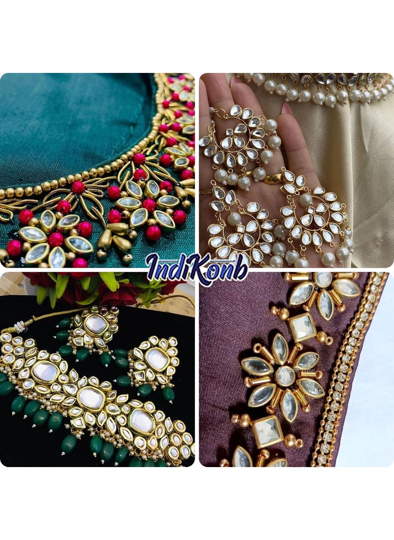 INDIKONB - INDIKONB 2325 Kundan Stones Set - 15 Assorted Shapes and Sizes for Jewelry Making, Embroidery, Bangle Crafting - White & Gold - Image 1