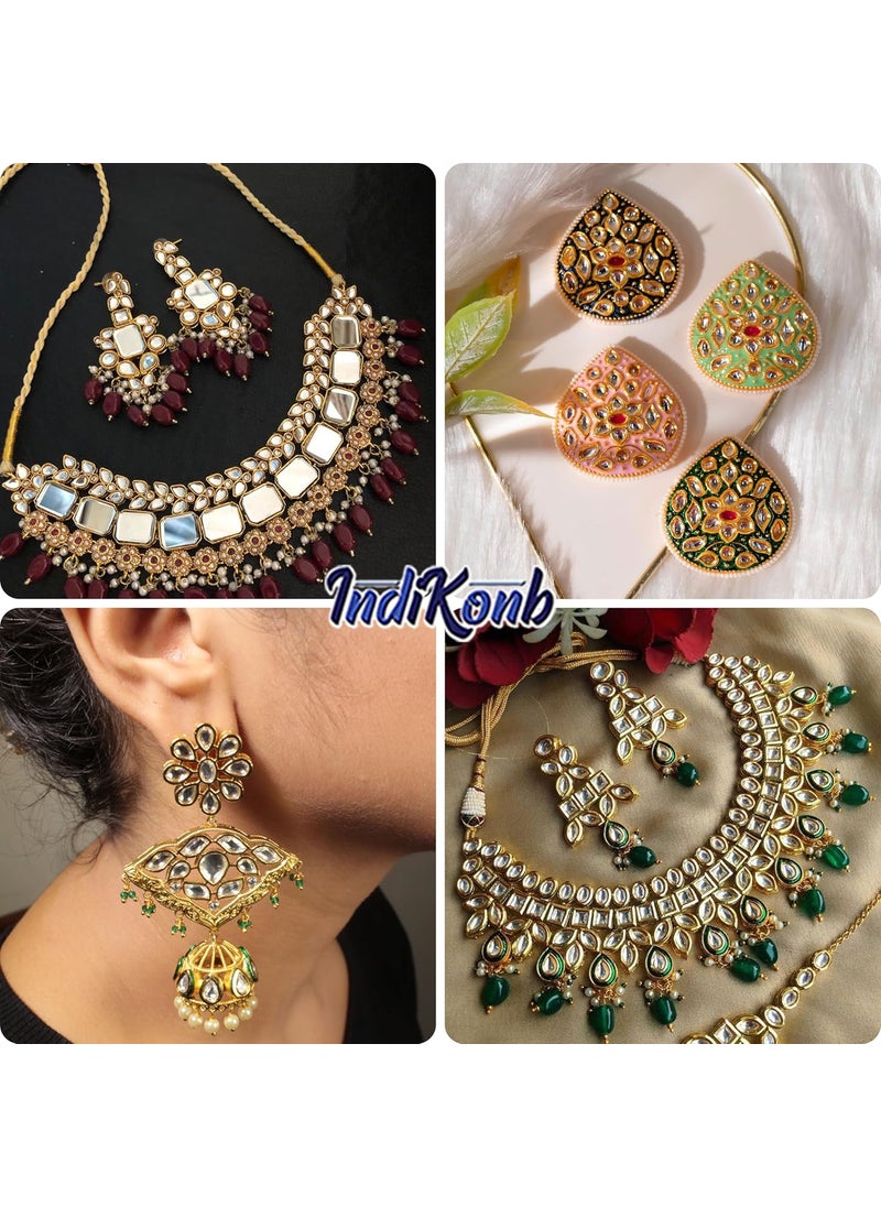 INDIKONB - INDIKONB 2325 Kundan Stones Set - 15 Assorted Shapes and Sizes for Jewelry Making, Embroidery, Bangle Crafting - White & Gold - Image 1