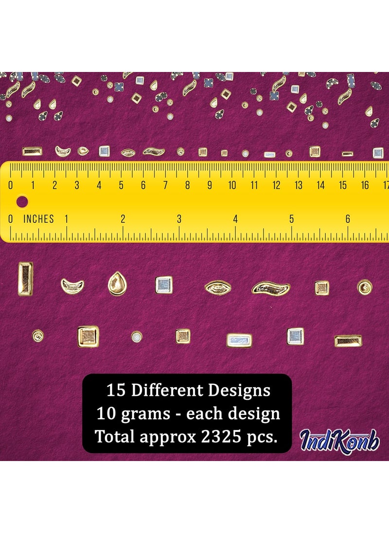 INDIKONB - INDIKONB 2325 Kundan Stones Set - 15 Assorted Shapes and Sizes for Jewelry Making, Embroidery, Bangle Crafting - White & Gold - Image 1