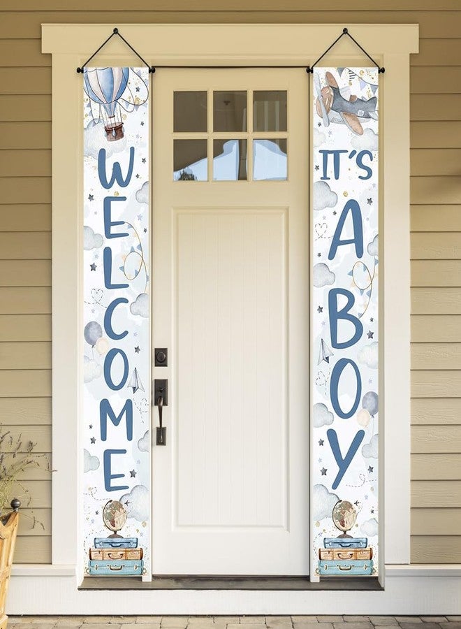 Ticuenicoa Adventure Theme Baby Shower Porch Sign Banner- 2pcs Blue Welcome & It’s a Boy Banners Gender Reveal Banner for Welcome Baby Party Photo Props for Indoor/Outdoor Use - Image 1