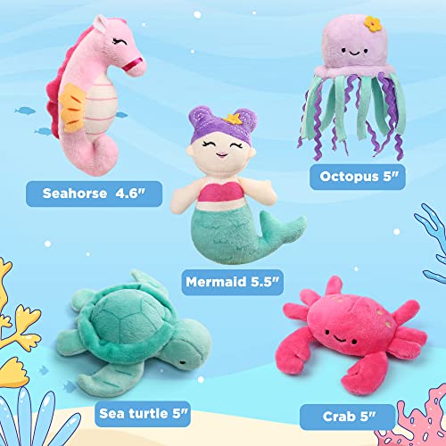 BenBen Ocean Stuffed Animal 5 Pack Small Sea Creature Plush Toys and Shell Carrying Bag Set Cute Plushies for Baby Kids Sea Turtle Octopus Mermaid Seahorse Crab Baby Shower Stocking Stuffers - Image 5