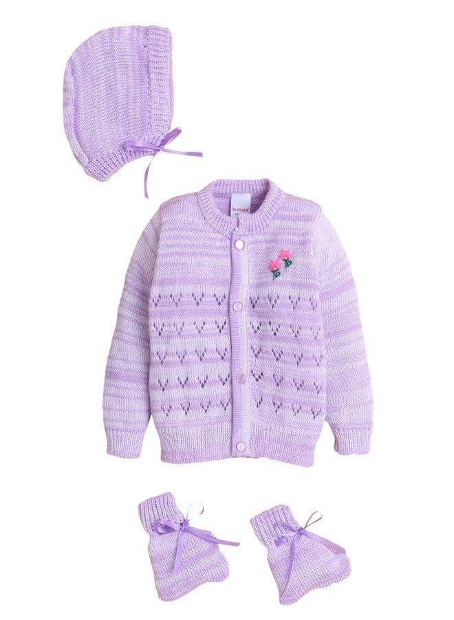 BUMZEE Baby Girls Acrylic Roundneck Sweater with Cap & Socks Lavender - 6-12 Months (Peb10830D-lvd) - Image 1