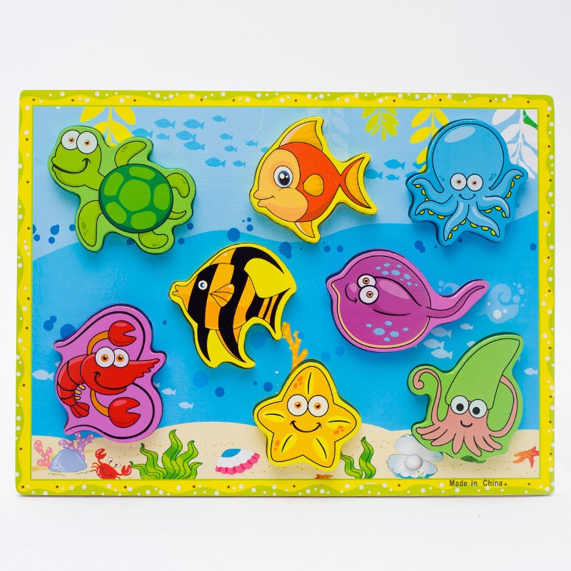 Wooden Three-Dimensional Jigsaw Puzzle Panel Animal Traffic Vegetable Fruit Hand-Scratch Board Baby Early Education Educational Toys - Image 1