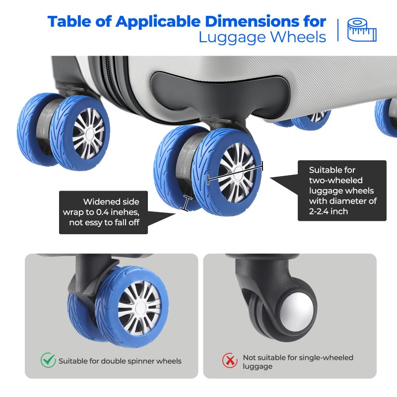 Wanzhuango 8 Pcs Upgrade Luggage Wheel Covers, Carry On Luggage Suitcases,Wear-Resistant, Anti-Noise, Silicone Wheel Protective Covers for 2-2.4" Spinner Wheel,Essential Travel Accessories (Blue) - Image 5