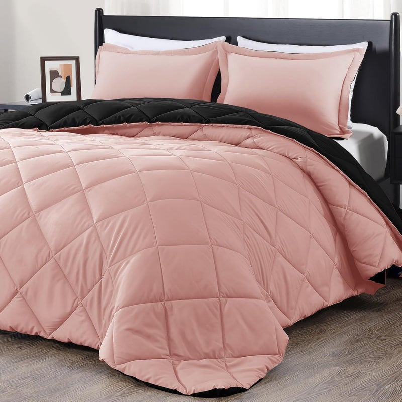 downluxe Queen Comforter Set - Pink and Black Queen Comforter, Soft Bedding Sets for All Seasons -3 Pieces - 1 Comforter (88"x92") and 2 Pillow Shams(20"x26") - Image 1