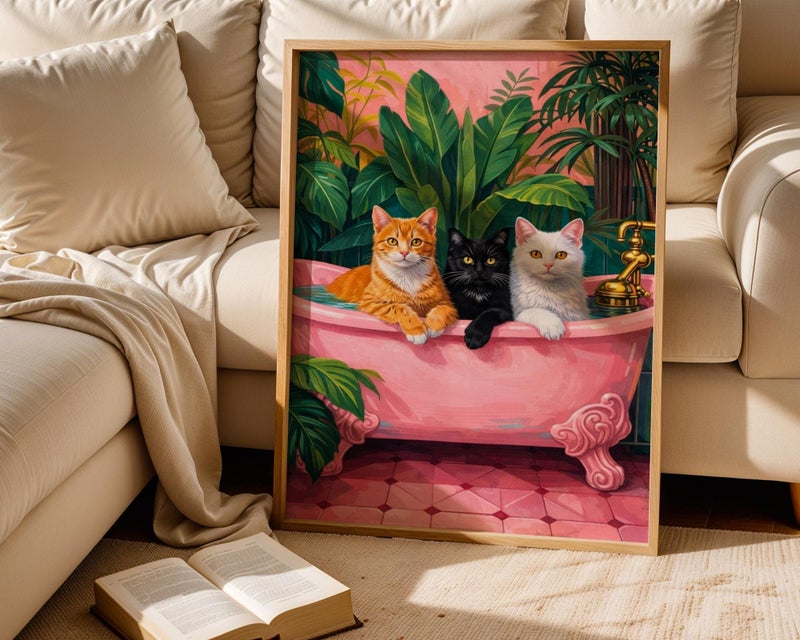 TNESSENTIAL Cats in Pink Bathtub Poster: Funny Cat Bathroom Decor, Whimsical Wall Art - Image 2