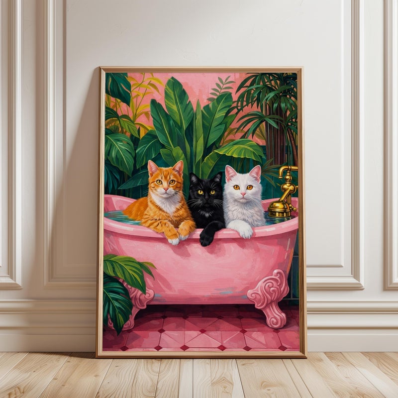 TNESSENTIAL Cats in Pink Bathtub Poster: Funny Cat Bathroom Decor, Whimsical Wall Art - Image 1