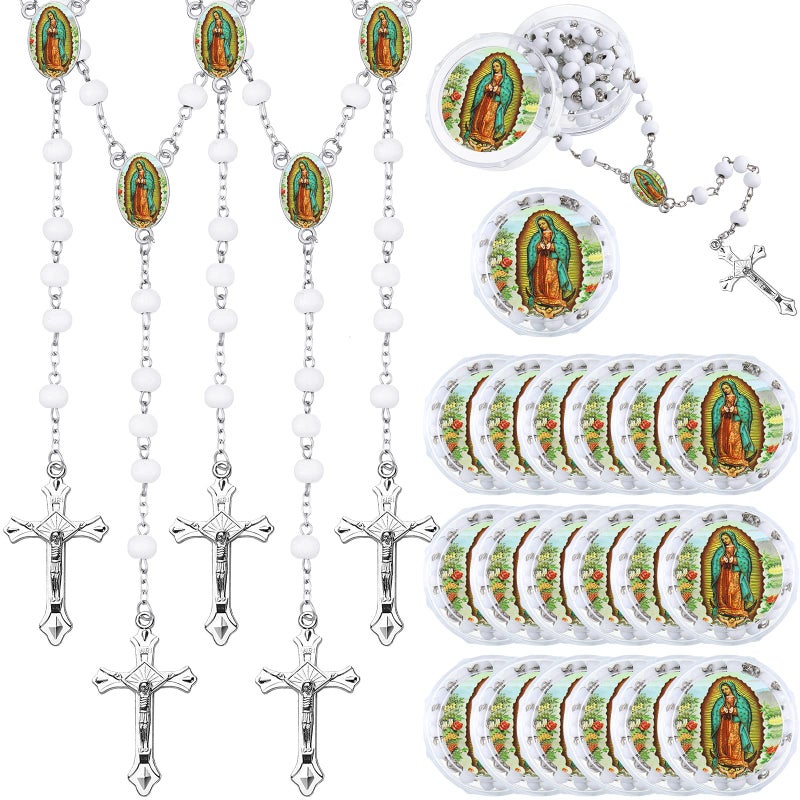 Jadive 24 Pcs Lady Guadalupe Scented Rosary Beads Necklace with 24 Clear Gift Box First Communion Baptism Beaded Necklace Favor White