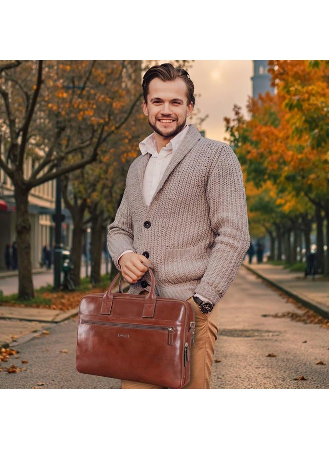 Banuce Vintage Slim Full Grains Italian Leather Briefcase for Men 14 inch Laptop Bags Business Work Bags Attache Case with Luggage Strap Brown - Image 2