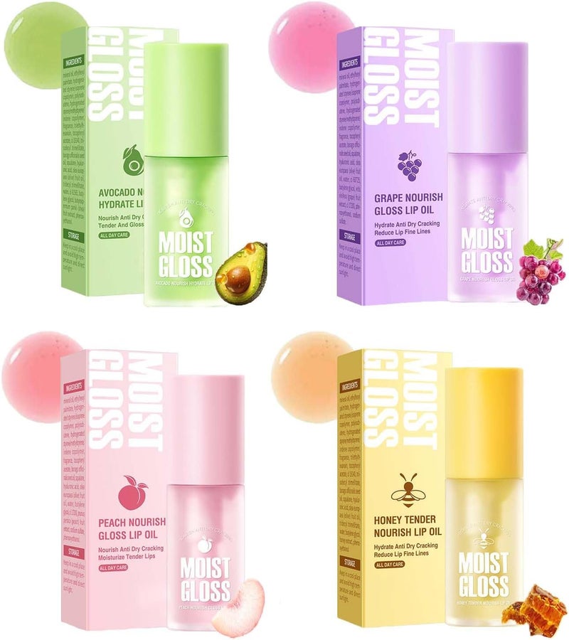 4Pcs Hydrating Lip Oil SetClear Lip GlossLong Lasting Nourishing Revitalizing for Dry LipsWaterproofLip Gloss Base Flavoring Oil for Women GirlsAvocadoGrapePeachHoney