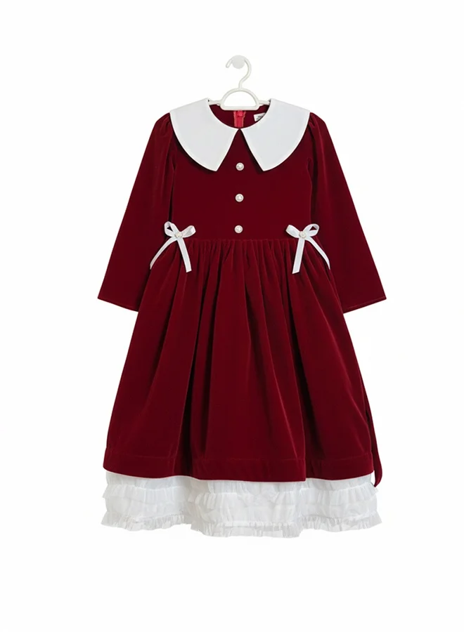 HAWRAA ABAYA Girls’ velvet dress in burgundy with a white collar and tulle layer – an elegant winter design