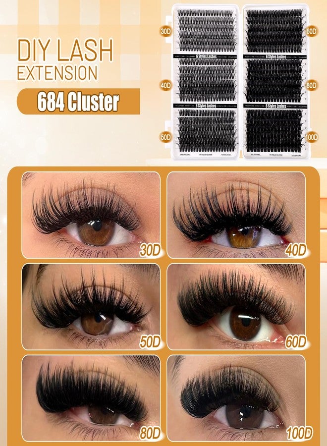CMAYOME Lash Clusters Kit, 30D 40D 50D 60D 80D 100D Lash Extension Kit with Lash Bond and Seal, 684Pcs Eyelash Clusters with Lash Tweezers, Lash Remover and Eyelash Brush - Image 4