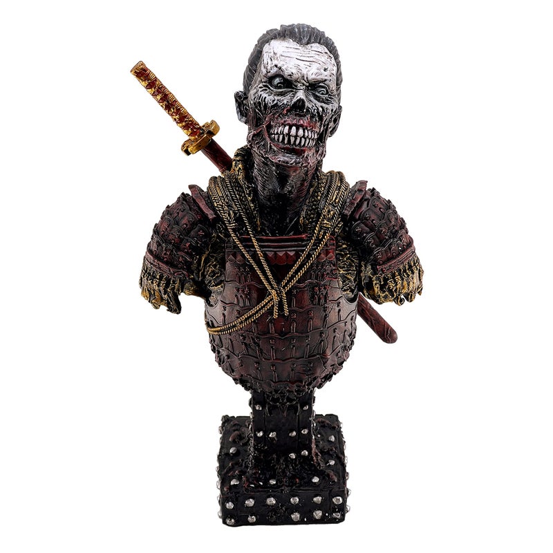 LOOYAR Resin Undead Japanese Samurai Zombie Bust Statue Sculpture Ornament Figurine Craft for Home House Living Room Porch Decoration Office Desk Desktop Table Arrangement Gift Red