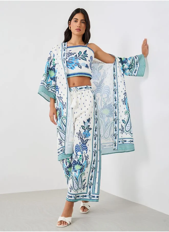 ستايلي Styli Printed Wide Leg Pants with Drawstring