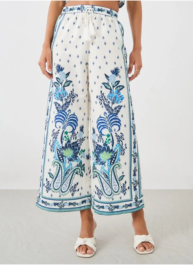 ستايلي Styli Printed Wide Leg Pants with Drawstring