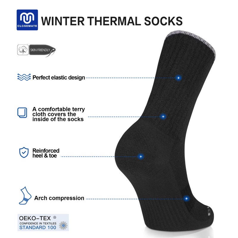 CLOSEMATE Mens Thermal Winter Crew Socks for Boots Thick and Warm for Cold Weather Work Hiking 5 Pairs(5 Black, Size M) - Image 3