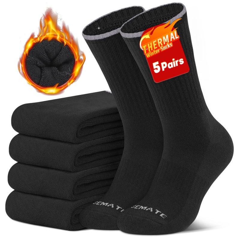 CLOSEMATE Mens Thermal Winter Crew Socks for Boots Thick and Warm for Cold Weather Work Hiking 5 Pairs(5 Black, Size M) - Image 1