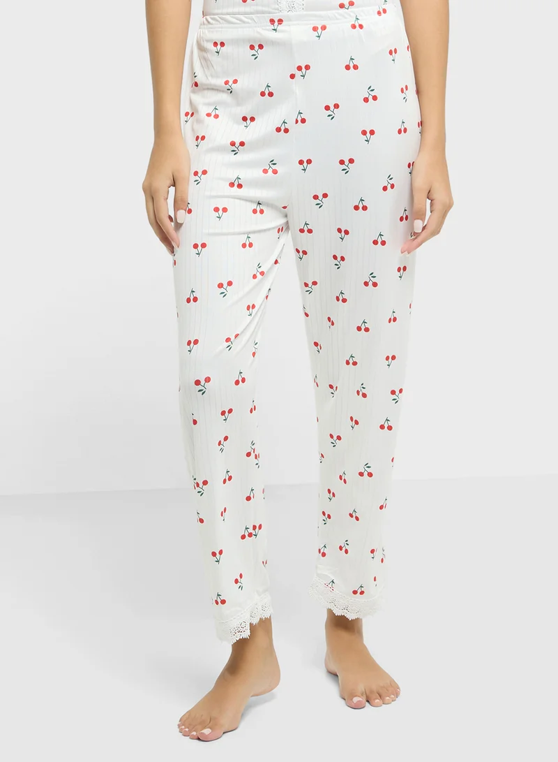 جينجر Cherry Print Lace Detail Shirt & Pyjama Set