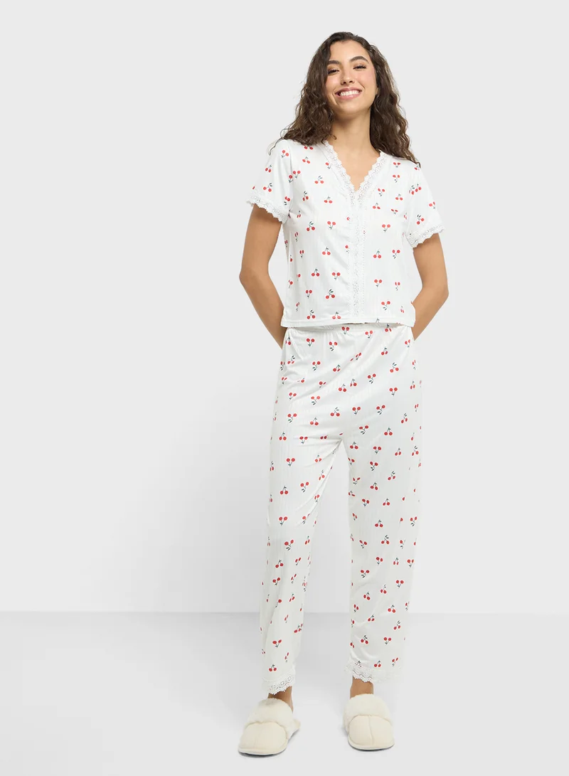 جينجر Cherry Print Lace Detail Shirt & Pyjama Set